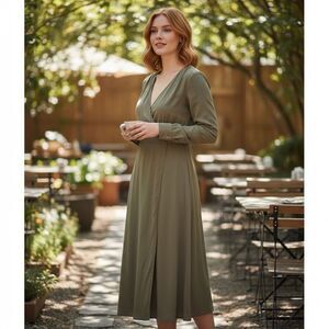 H&M Olive Green Faux Wrap Midi Dress Size 10